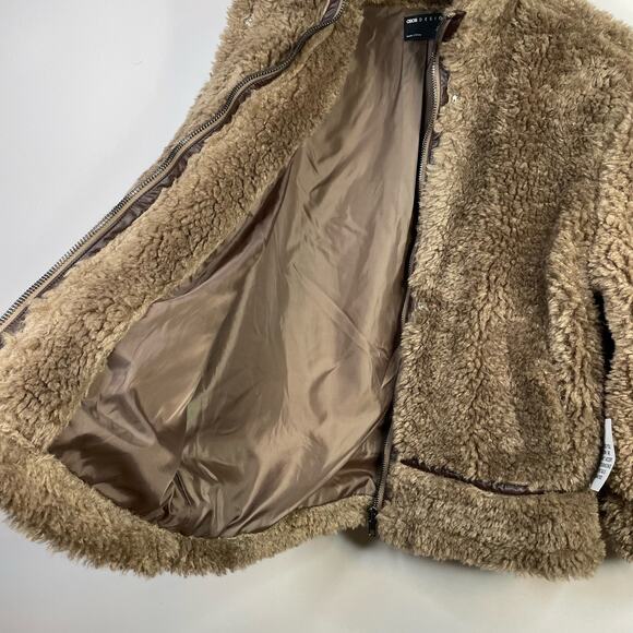 ASOS Hero Borg Brown Faux Fur Teddy Bomber Chuck on Coat Jacket 6 Petite New - Picture 11 of 16